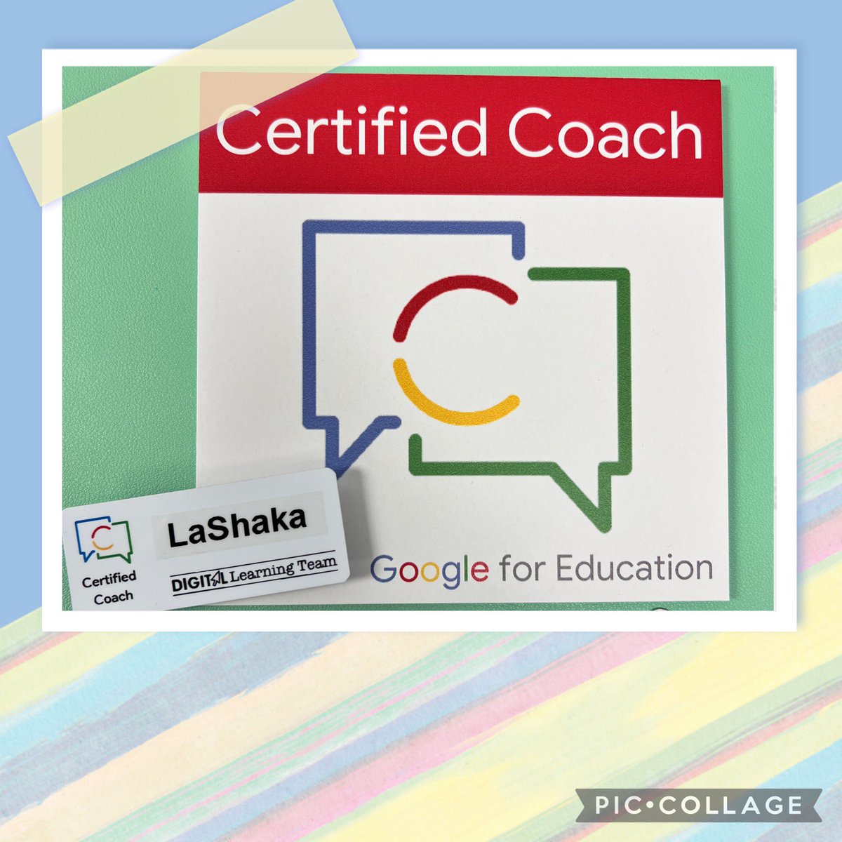 Ending my week on a high note after getting @GoogleForEdu Certified Coach swag from @DigitalGISD! So excited to wear the name tag while I coach and train others. #andanotherone #getonmylevel #whatsnext #imcertifiable