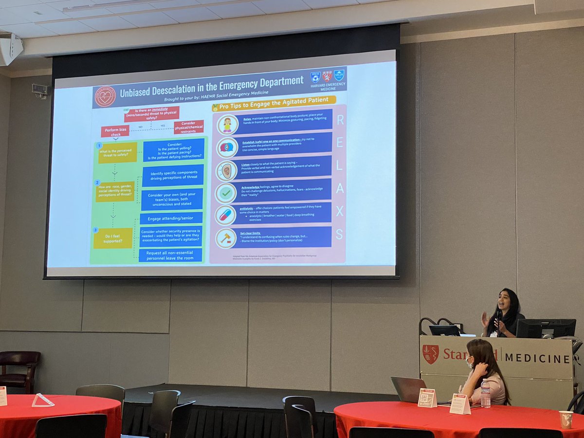 MelMolinaMD's tweet photo. @fzd presenting our work on reducing racial bias in the de-escalation of agitated ED patients at @StanfordEMED for @SAEMonline Western Regional Meeting. Now a mandatory training for ED staff at @BrighamWomens and @FaulknerHosp. 👏🏼👏🏼👏🏼 @anitachary @JossAntoinette @EMRES_MGHBWH https://t.co/i3wPsoza1U