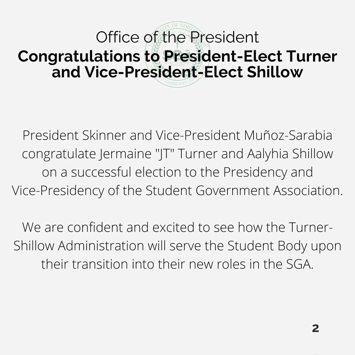 UNTSGA's tweet photo. @DevonMSkinner and @DavidMunSarabia congratulate @jayturn_21 and @Aalyhiaa on their election to @UNTSGA President and Vice-President! #UNT #UNTSGA 🦅 https://t.co/yDAh7Wthv7