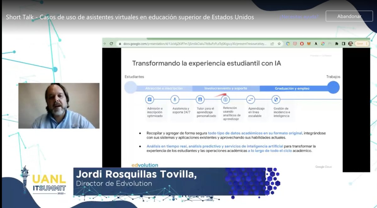 edvolution_io's tweet photo. #Edvolution presente en La semana de la Tecnología de la #UANL #ITSUMMIT2022
Nuestro CEO Jordi Rosquillas con su #ShortTalk: Casos de uso de asistentes virtuales en educación superior de Estados Unidos. https://t.co/WKUspuNrXa