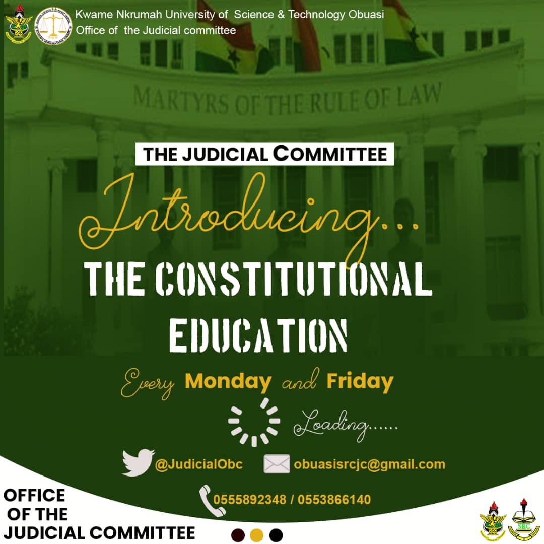 JudicialObc's tweet photo. We are committed to creating a society of constitutionally literate individuals.
Join us on Mondays and Fridays every week as we learn the Constitution of the @ObuasiSrc while taking into consideration the rules and regulations of the University as stated in the students guide. https://t.co/P0n7auwSE5