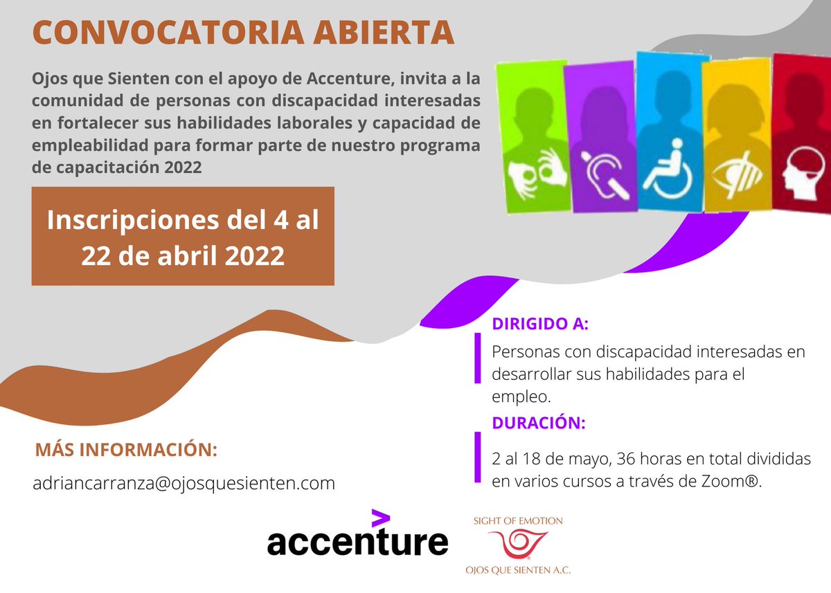 Ojos que Sienten con el apoyo de Accenture, invita a la comunidad de personas con discapacidad interesadas en fortalecer sus habilidades laborales y capacidad de empleabilidad para formar parte de nuestro programa de capacitación 2022.
