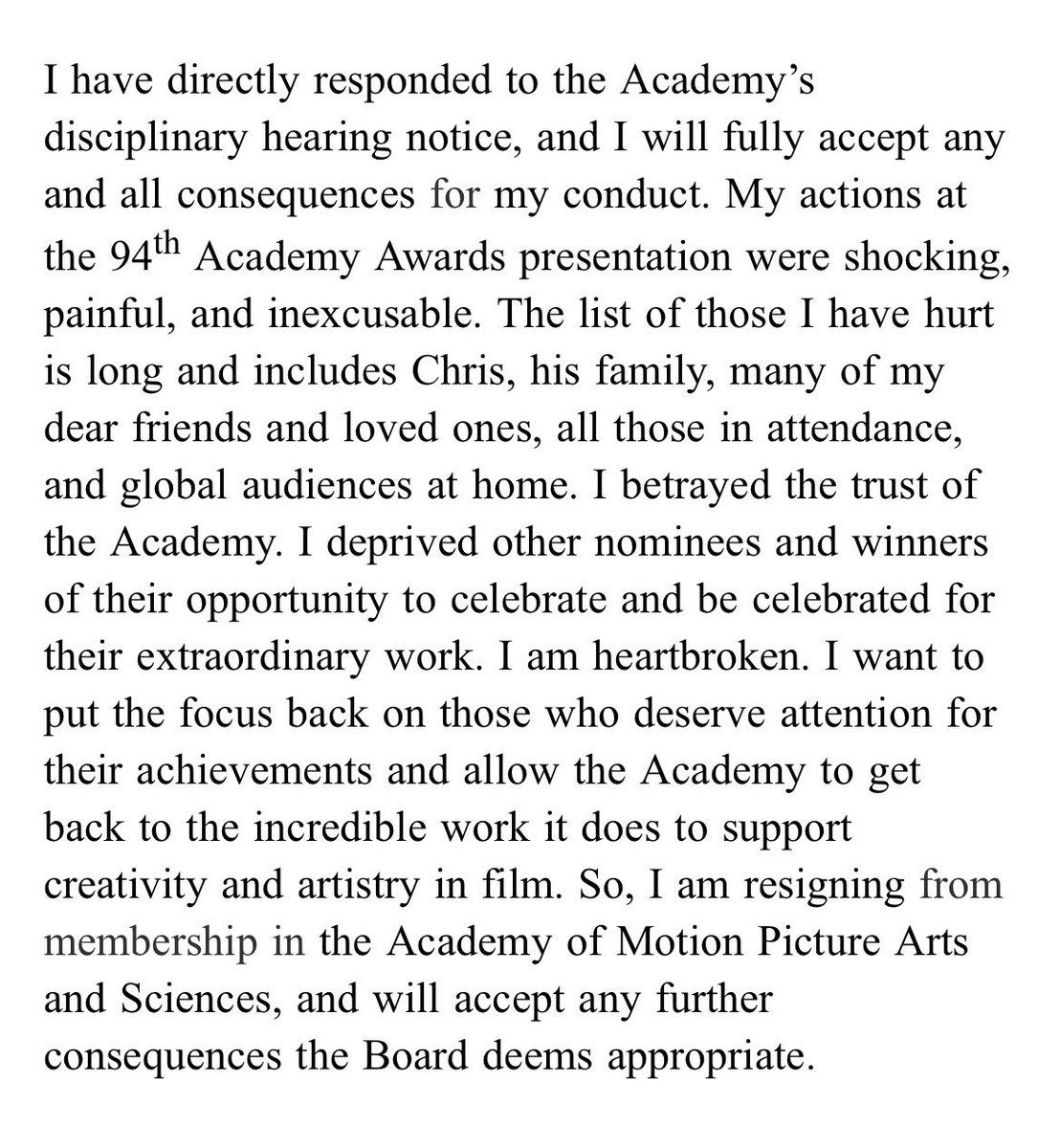 piersmorgan's tweet photo. BREAKING: Will Smith resigns from Oscars’ Academy. New statement &amp; pained mea culpa. 👇👇 https://t.co/3wKSY4KCuI