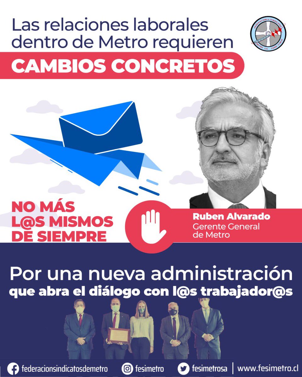 SomosFESIMETRO's tweet photo. Ruben Alvarado ha liderado el proceso que tiene al @metrodesantiago en un colapso operacional. Implementando una reestructuración de cargos deficiente, despidos masivos que provocaron una enorme falta de dotación en estaciones, arriesgando la seguridad de trabajador@s y usuari@s https://t.co/r2WV4KXuF0