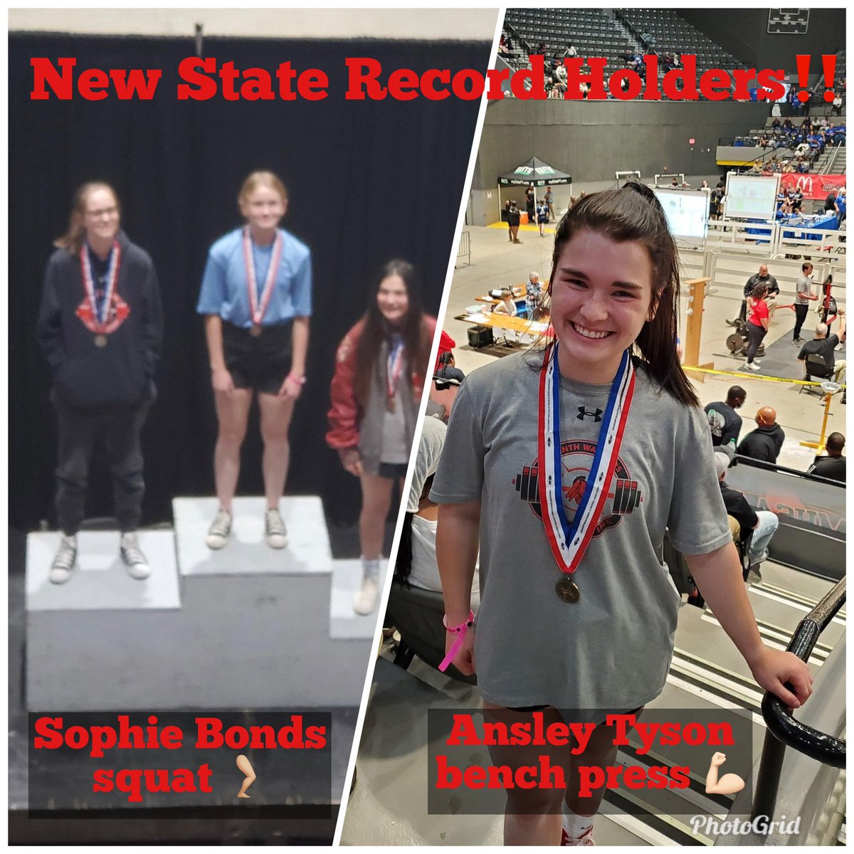 CHSWarriorFB's tweet photo. Girls meet is still going on but we have to brag on these 2 girls that lifted in the morning session. Sophie Bonds set a new State 4a record in ther weight class for squat. Ansley Tyson set a new state 4a record for bench press!!!  So proud of these Warriors!!! 🔴⚫️ https://t.co/myZf42xLUW