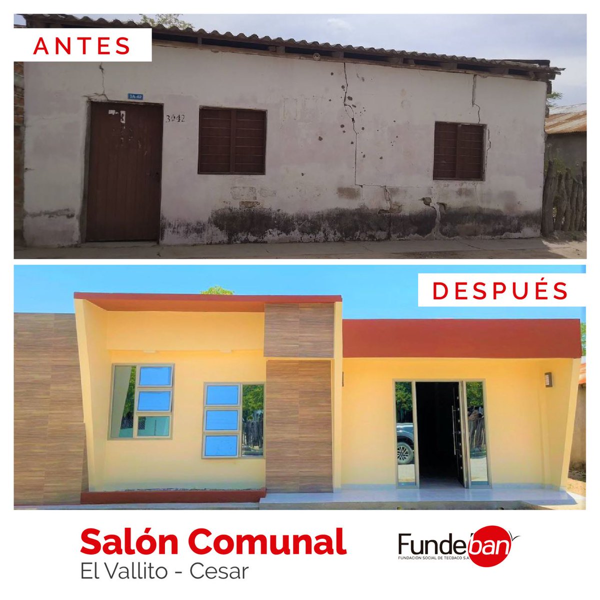 Fundebancomuni1's tweet photo. Con una inversión de más de 84 millones de pesos, Fundeban, la Fundación Social de Tecbaco, hace entrega del salón comunal en El Vallito, municipio de El Paso, Cesar, beneficiando a 1.500 personas y contribuyendo al desarrollo cultural en la región. #Fundeban #Tecbaco #cesar https://t.co/H1TRarYmeq