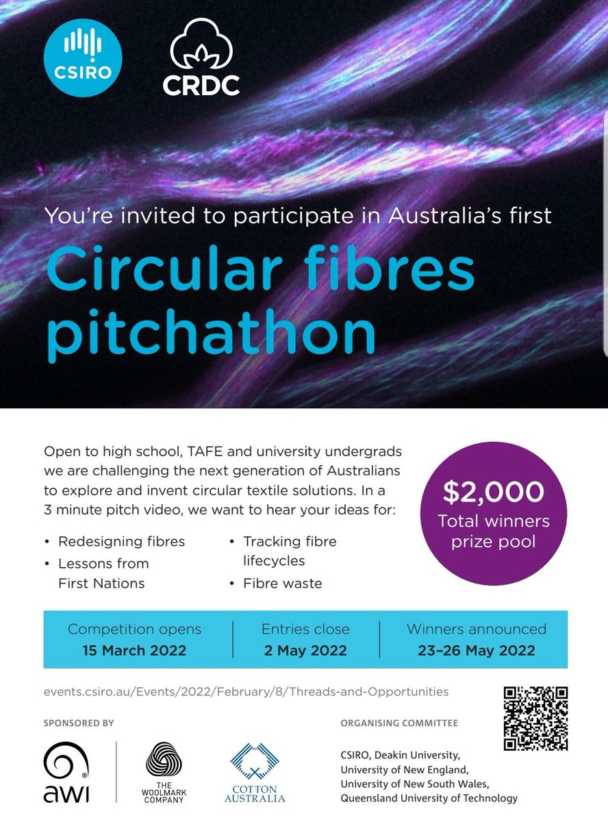 Circular Fibres Student Pitchathon in Australia! 🥁 📽 exactly 1 month 🎥🥁 to go to upload entries! Due 2 May 2022. Apply here: events.csiro.au/en/Events/2022… 
<a href="/CSIRO/">CSIRO</a> <a href="/CottonResearch/">CRDC</a> <a href="/woolinnovation/">Australian Wool Innovation</a> <a href="/CottonAustralia/">Cotton Australia</a> <a href="/SynBioAusAsia/">Synthetic Biology Australasia (SBA)</a>