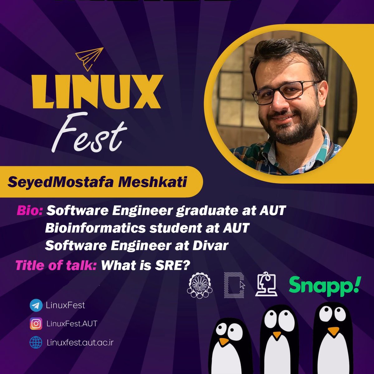 LinuxFestival's tweet photo. #معرفی_ارائه‌دهنده

👨‍🏫 مهندس سید مصطفی مشکاتی
فارغ‌التحصیل مهندسی نرم‌افزار در دانشگاه صنعتی امیرکبیر، دانشجوی بیوانفورماتیک در دانشگاه صنعتی امیرکبیر، مهندس نرم افزار در  دیوار

🗣 SRE چیست؟ https://t.co/6fNahGBzn5