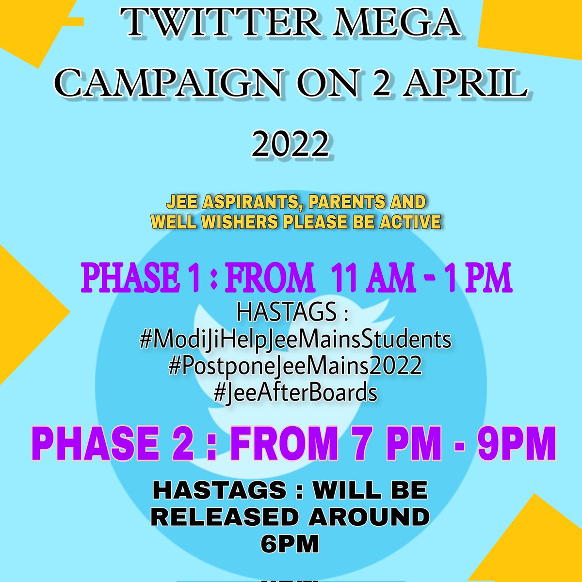 doctorsarcas234's tweet photo. REMINDER
🚨🚨🚨
2 PHASE 
MEGA TWITTER CAMPAIGN WILL 
BE ORGANISED BY  #JEEAspirants2022
PHASE 1 - FROM 11AM - 1PM
HASHTAGS #️⃣ 
#ModijiHelpJeeMainsStudents
#PostponeJeeMains2022
#JEEAfterBoards

PHASE 2 - FROM 7PM TO 9PM
For This Phase Hastag release at 6PM
BE READY https://t.co/tTnSSAPvI4