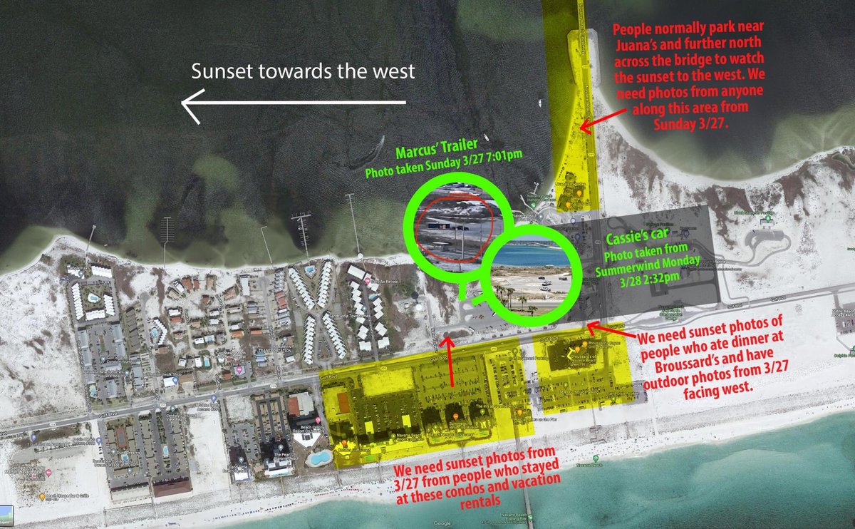 Janelleee_k's tweet photo. The photos that have come in are so valuable to this case. We need more sunset photos and aerial views from 3/27 from anyone who was around these areas in this graphic
-Broussard's
-Summerwind
-Navarre Beach Condos
-Condos Gulf Coast
-Navarre Beach Causeway
Retweet! #CassieCarli https://t.co/Y0It11JoV1
