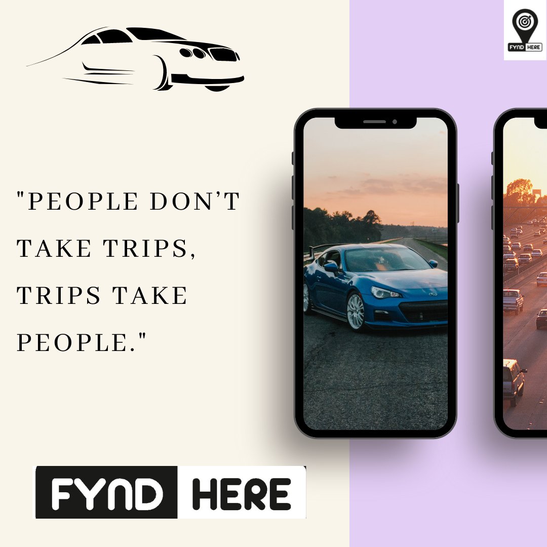 fyndhere's tweet photo. "People don't take trips, trips take people."

 Planning an amazing trip but can't find a good car? Look no further! Download the Fyndhere app and get connected with the best car sellers in your town.

#cars #fyndhere #bikes #bestdeals #ride #speed #bestbuy https://t.co/VtwDH7owvl