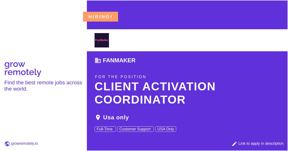 growremotelyio's tweet image. Check out this job at FanMaker for the position Client Activation Coordinator.

 Apply link: growremotely.io/?id=62479303f6…

#hiring #remotejobs #FanMaker #CustomerSupport