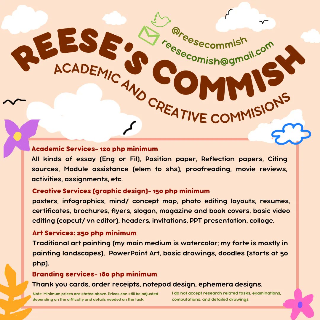 ReeseCommish's tweet photo. Magandang araw #commstwt! I'm Reese, ready to help u with your acad backlogs and art/ creative commissions!

Kindly read my comm sheet below♡ dm me for inquiries✧

( lf academic commissioner creative infographic poster essay client artist module kpop writing graphic design ) https://t.co/tuoijFQBIU