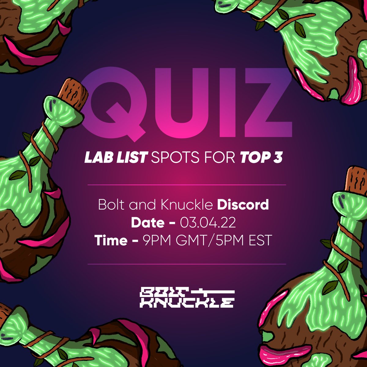 BoltandKnuckle's tweet photo. Quiz happening in our Discord this Sunday! Lab List spots will be dished out like they’re going out of fashion. 

Join us! Tell your family, friends and your next door neighbours dog. WAGMI. 🔩👊💀

#playtoearn #p2e #quiz #nfts https://t.co/GL5LsWvEuw