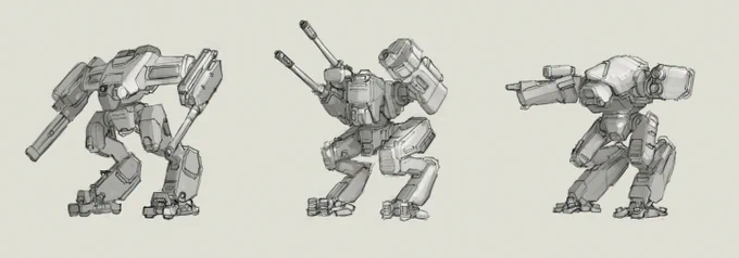 A variety of early weapon and mech explorations for GALAHAD 3093. Trying to get unique silhouette reads on things but with believable details. 
