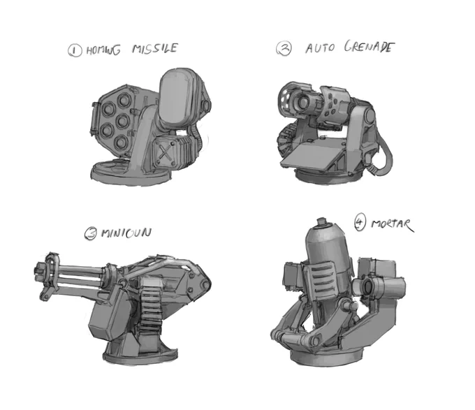 A variety of early weapon and mech explorations for GALAHAD 3093. Trying to get unique silhouette reads on things but with believable details. 