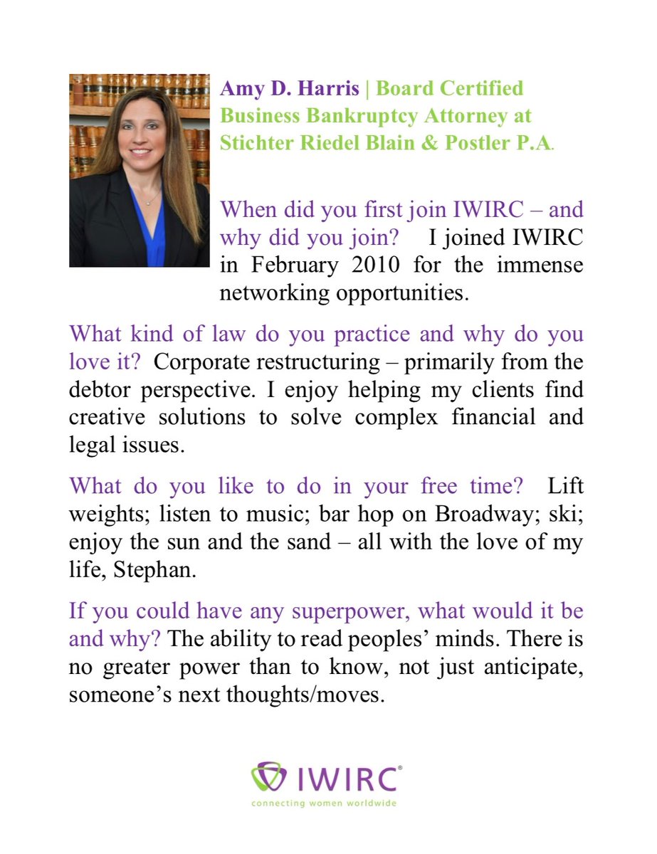✨MEMBER SPOTLIGHT✨
Meet Amy D. Harris | Board Certified Business Bankruptcy Attorney at Stichter Riedel Blain &amp; Postler P.A. and Vice Chair of IWIRC Florida
<a href="/IWIRCFlorida/">IWIRC - Florida</a>  <a href="/IWIRC/">IWIRC</a>