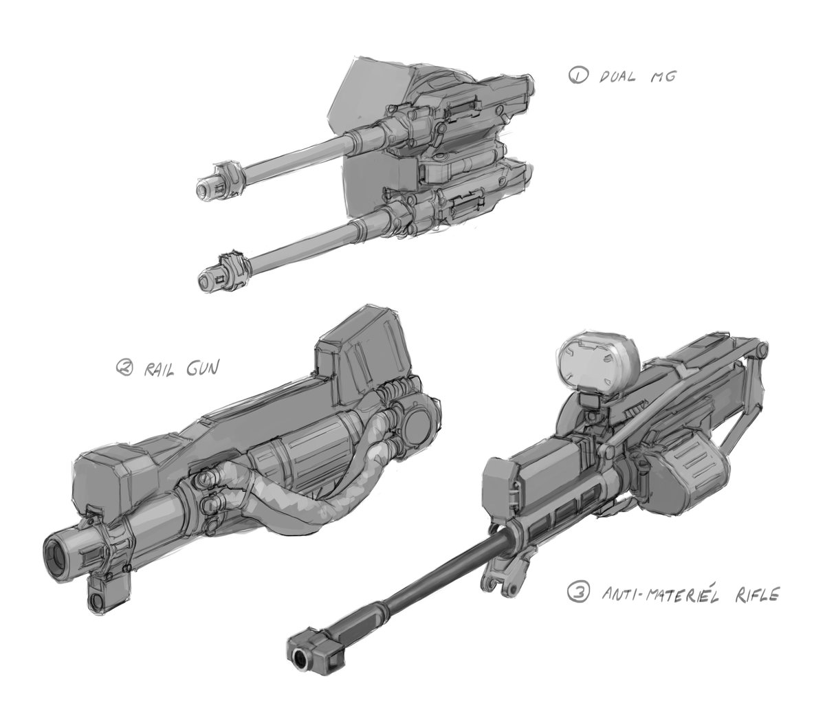 「A variety of early weapon and mech explo」|Mike Doscherのイラスト