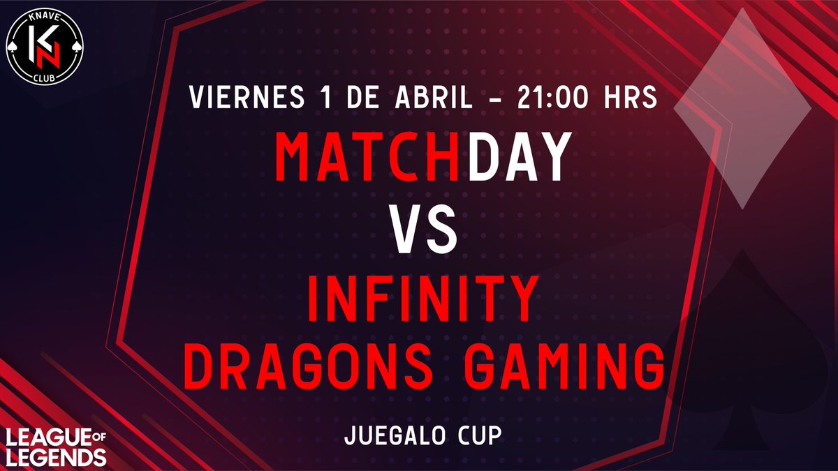 knave_club's tweet photo. 𝗝𝗨𝗘𝗚𝗔𝗟𝗢 𝗖𝗨𝗣

Esta noche continuamos nuestra participación en el Torneo de Juegalo Cup contra #InfinityDragonsGaming, estamos en 4tos de final buscando el pase a las semis, vengan a alentarnos por Twitch.

📺 https://t.co/MpzPL8ngtg

#GOKNAVE♠ https://t.co/ndVXCAp6Bd