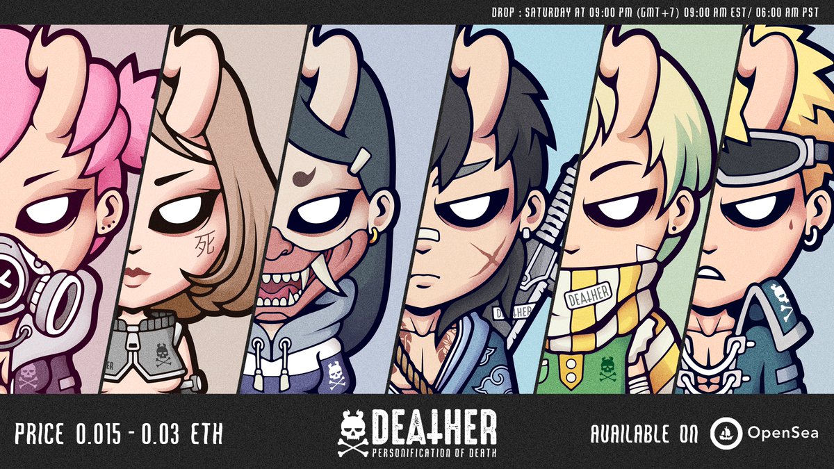 Deadly_Kids's tweet photo. Hello #NFTCommunity 🖤
DEATHER has a New Drop today
Apr 2 at 09:00 PM (GMT+7) Bangkok Time 
09:00 AM EST/ 06:00 AM PST

Let's check it out! 👇
https://t.co/IQDOuaUeyW

Discord: https://t.co/eMml7BLPOs

#DEATHER #NFT #NFTcollector https://t.co/YQ8b7tWy1J