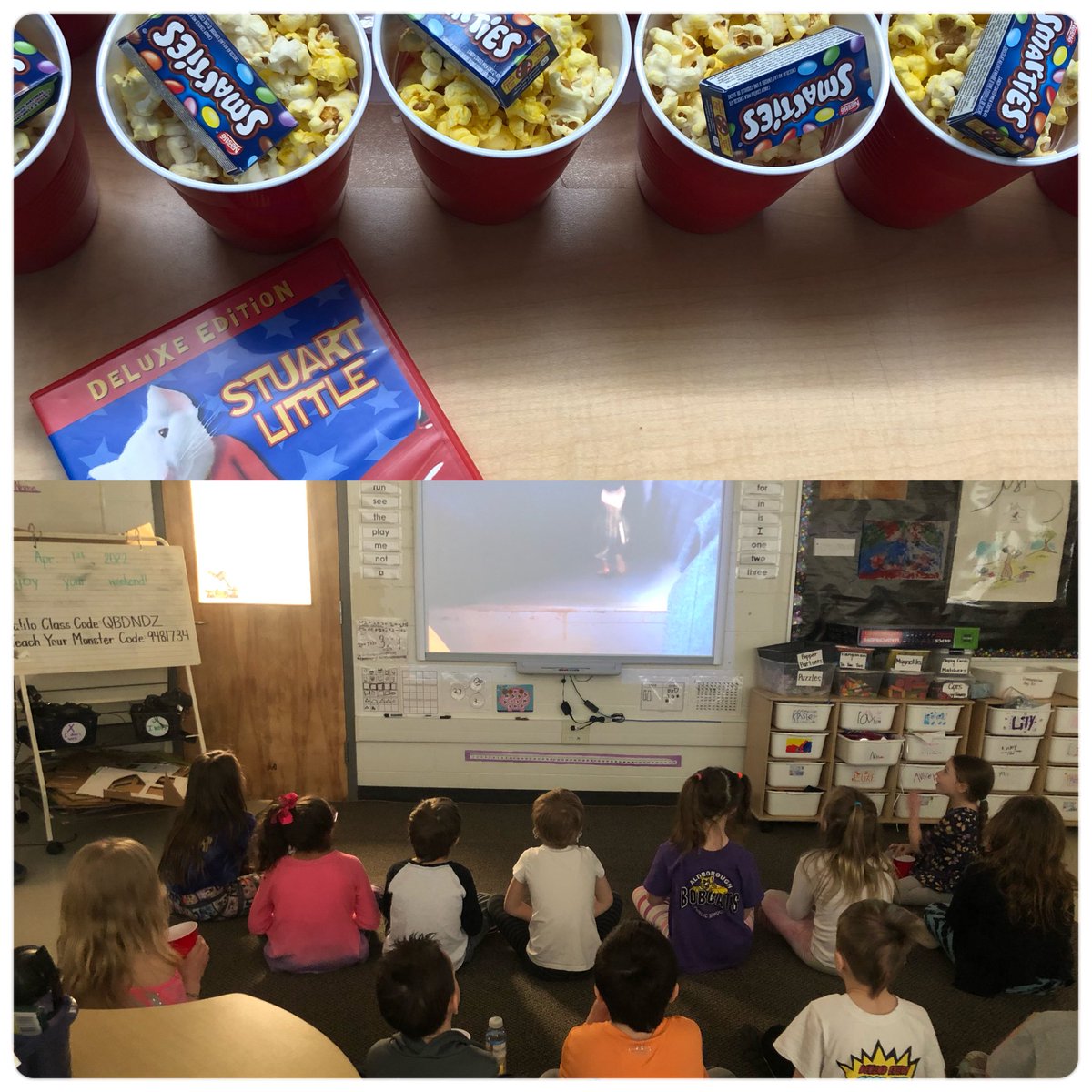 MissMsClass2's tweet photo. With the return of our carpet and finishing another novel, it was movie day for my chicken nuggets! Stuart Little, popcorn and smarties on this gloomy/cold Friday! #compareandcontrast #bookvsmovie #thebookisbetterthanthemovie @AldboroughPs https://t.co/WyYkXZA0gJ