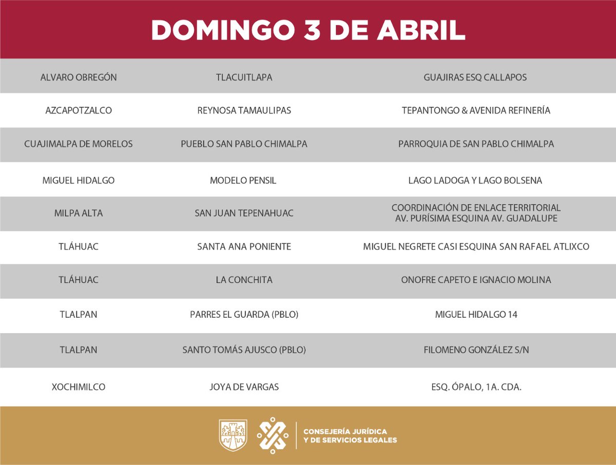 CDMXConsejeria's tweet image. La Consejería Jurídica estará en tu colonia.

📆 Sábado 2 y domingo 3 de abril

 Trámites y servicios:
🔘 Orientación y asesoría jurídica 
🔘 Copia de Acta de nacimiento o matrimonio.
🔘 Trámite de escritura, de sucesión
🔘 Solicitud de testamento
🔘 Constancia de Hechos.