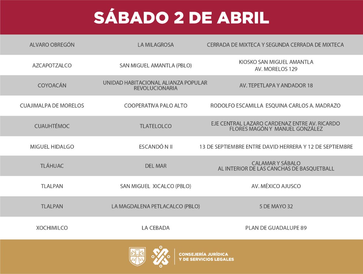 CDMXConsejeria's tweet image. La Consejería Jurídica estará en tu colonia.

📆 Sábado 2 y domingo 3 de abril

 Trámites y servicios:
🔘 Orientación y asesoría jurídica 
🔘 Copia de Acta de nacimiento o matrimonio.
🔘 Trámite de escritura, de sucesión
🔘 Solicitud de testamento
🔘 Constancia de Hechos.