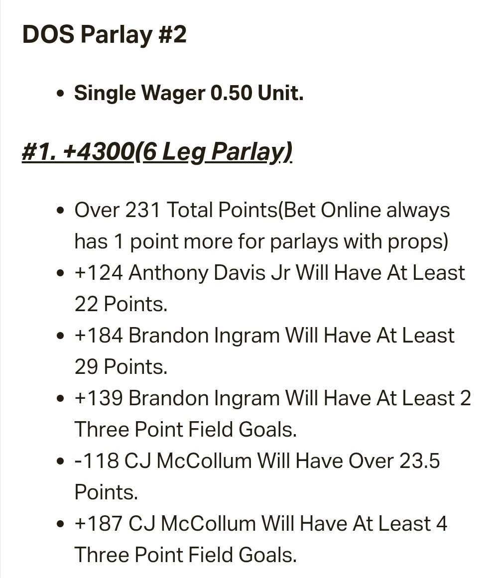 A_ZY25's tweet photo. ๐NBA - New Orleans Pelicans @ Los Angeles Lakers.
#1. -115 Over 230 Total Points.
โฌ๏ธDOS Parlay #1 +1350(6 Legs) #2 +4300(6 Legs)โฌ๏ธ
๐March 59% 16-11๐ฅ
#Gematria #Numerology #handicapper #sportsbetting #gamblingtwitter #ad #NOvsLAL #LeBron #AnthonyDavis https://t.co/2wEsdfFcag