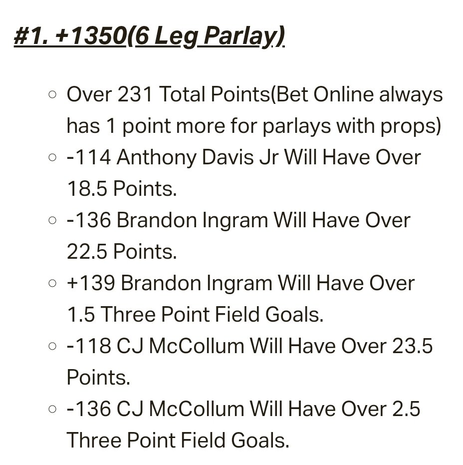 A_ZY25's tweet photo. ๐NBA - New Orleans Pelicans @ Los Angeles Lakers.
#1. -115 Over 230 Total Points.
โฌ๏ธDOS Parlay #1 +1350(6 Legs) #2 +4300(6 Legs)โฌ๏ธ
๐March 59% 16-11๐ฅ
#Gematria #Numerology #handicapper #sportsbetting #gamblingtwitter #ad #NOvsLAL #LeBron #AnthonyDavis https://t.co/2wEsdfFcag