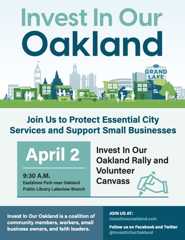TOMORROW 9:30am: Join us &amp; others from the Invest In Our Oakland coalition of community members, workers, small business owners, &amp; faith leaders to kick off signature gathering. Together, let’s put an equitable progressive business tax on the Nov. ballot!➡️bit.ly/3uDOOgV