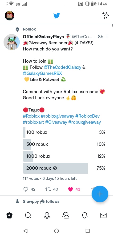 john_mandreza's tweet photo. @TheCodedGalaxy @GalaxyGamesRBX Done my username is :jzmaws: I just want 2000 robux good luck to all I guess https://t.co/J0D9kWktoU