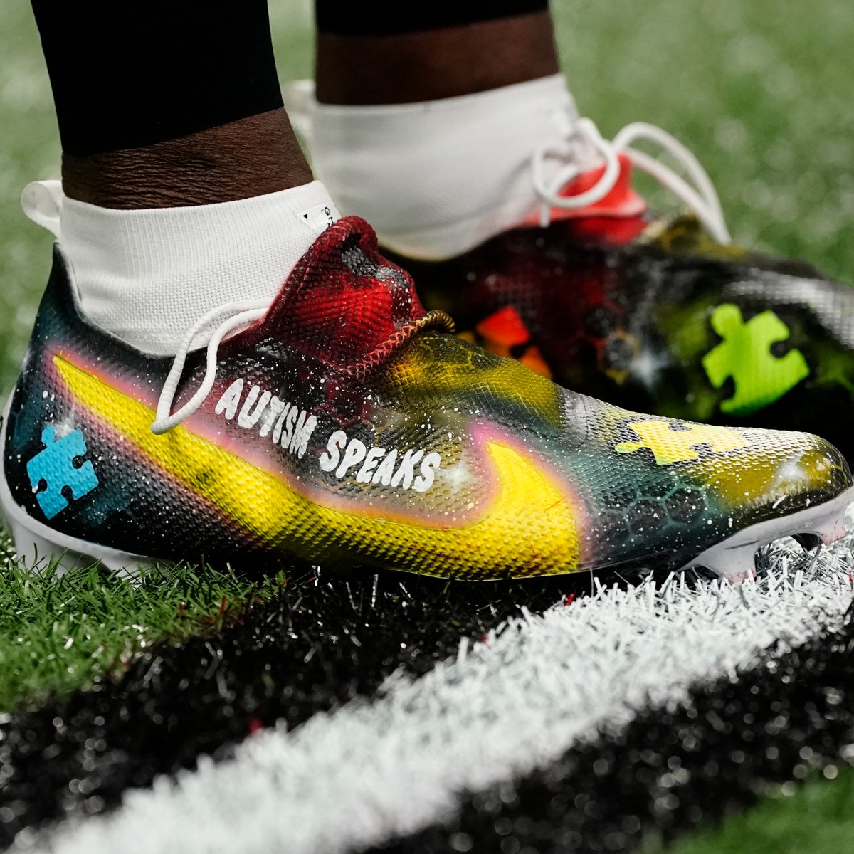 NFL's tweet photo. In honor of #WorldAutismDay, we're sharing some of our favorite #MyCauseMyCleats from the 2021 season. Today is about celebrating these diverse stories, and promoting greater awareness and understanding around autism. https://t.co/Pyo0yxU7VA