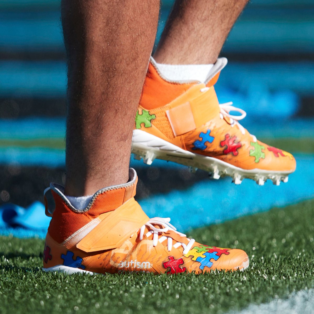 NFL's tweet photo. In honor of #WorldAutismDay, we're sharing some of our favorite #MyCauseMyCleats from the 2021 season. Today is about celebrating these diverse stories, and promoting greater awareness and understanding around autism. https://t.co/Pyo0yxU7VA
