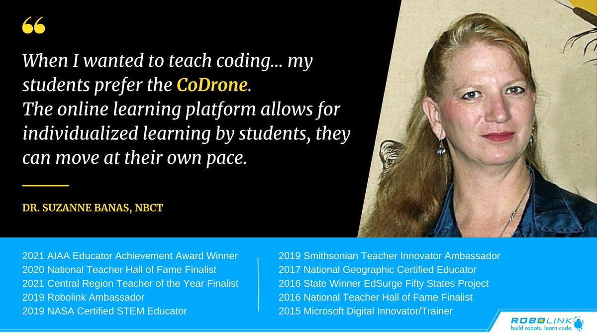 Robolinkinc's tweet photo. “When I wanted to teach #coding... my students prefer the #CoDrone. The online learning platform allows for individualized learning by students, they can move at their own pace.”
~ Dr. Suzanne Banas, NBCT
https://t.co/EuzM6bfPeF
#educational #python #stem #drones #education https://t.co/7f54HbsDIP