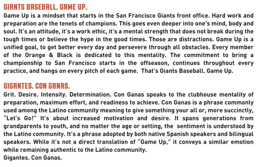 ThirdandKing's tweet photo. The #sfgiants will have dual slogans this season: “Giants Baseball: Game Up,” based on a saying from manager @gabekapler, and “Gigantes: Con Ganas.” #sfgiants #gameup #gigantesconganas https://t.co/Sz0SCPbNtt