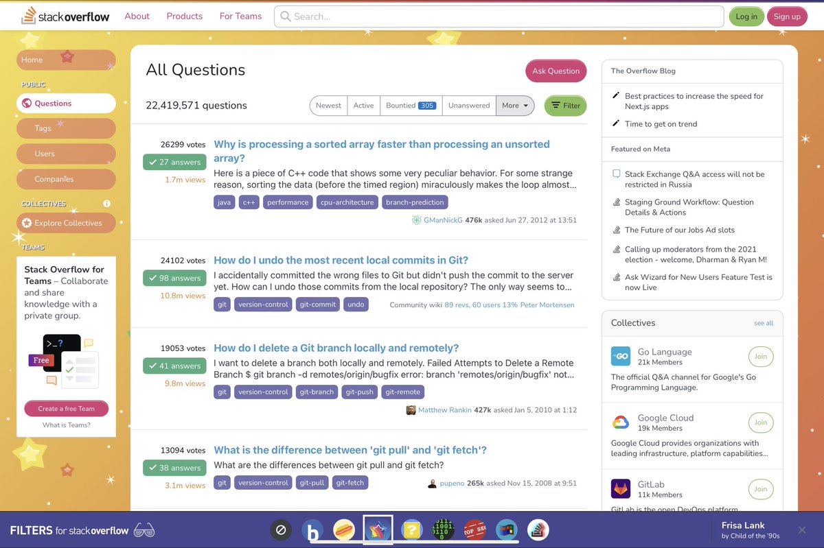 Hope you all enjoyed our #AprilFoolsDay Prank this year on <a href="/StackOverflow/">Stack Overflow</a> , what was your favorite filter?  I can’t decide between Terminal by Neo or Frisa Lank 😎