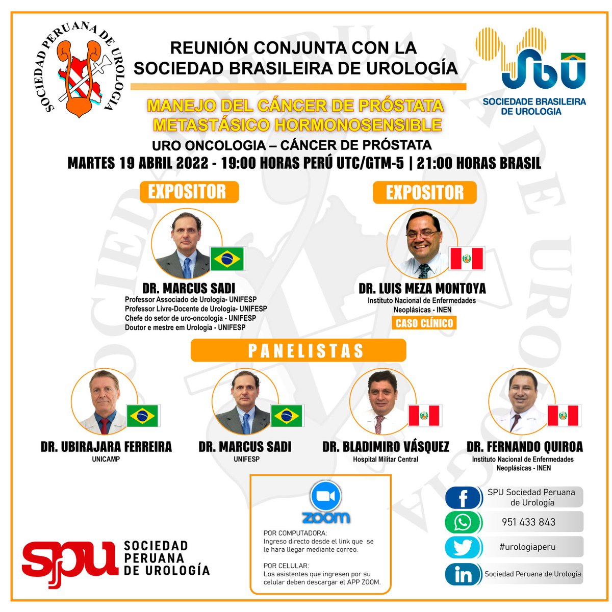 smumexico's tweet photo. ¡Colegas! 👨‍⚕️🧑‍⚕️ Les invitamos a la reunión conjunta de  @UrologiaPeru y  @sbuoficial, donde abordarán el Manejo del Cáncer de Próstata metastásico Hormonosensible. La cita es el 19 de abril 🗓 
Regístrate en la siguiente liga 👉  https://t.co/73A2euGzXj 
 #SMU2022 #TodosSomosSMU https://t.co/Td5ASmWO5W