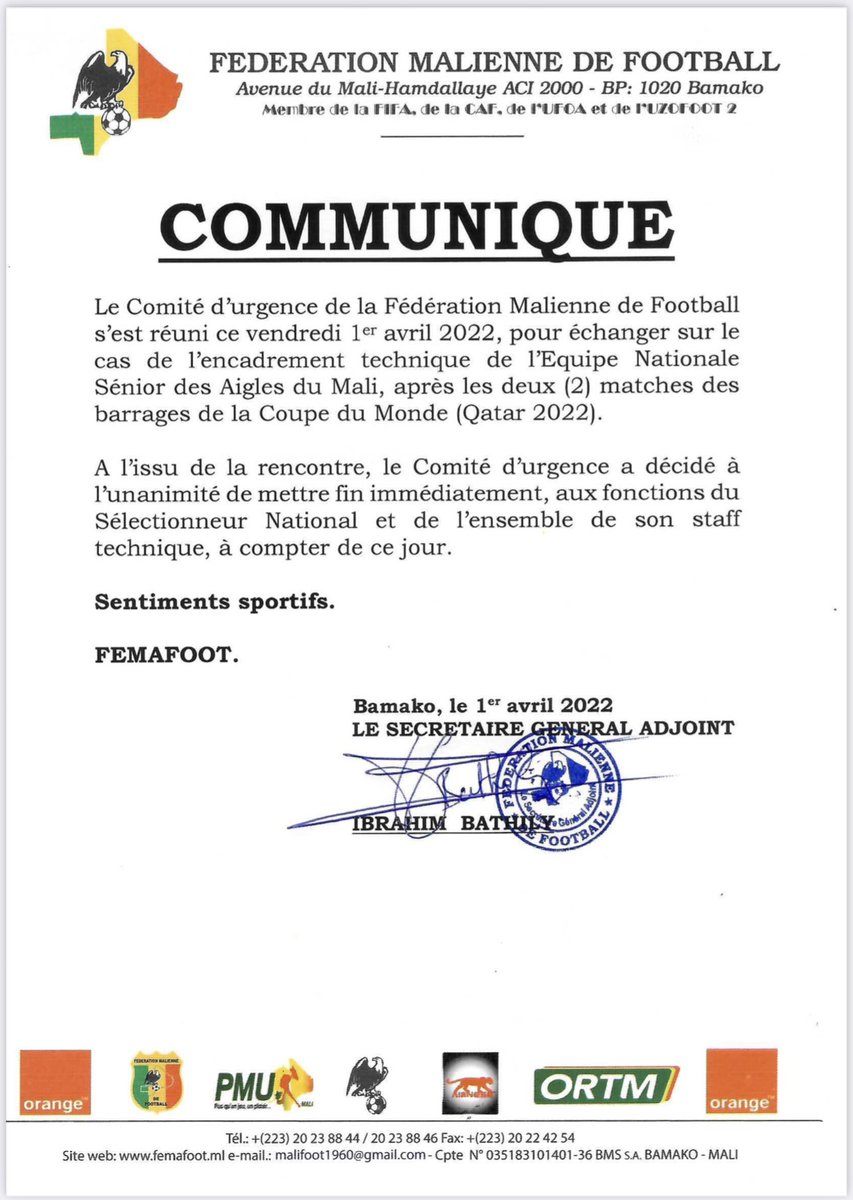 Communiqué de la <a href="/femafoot/">FEMAFOOT</a>.. Fin de mission pour le sélectionneur Mohamed Magassouba et son staff. Merci pour tout Coach.