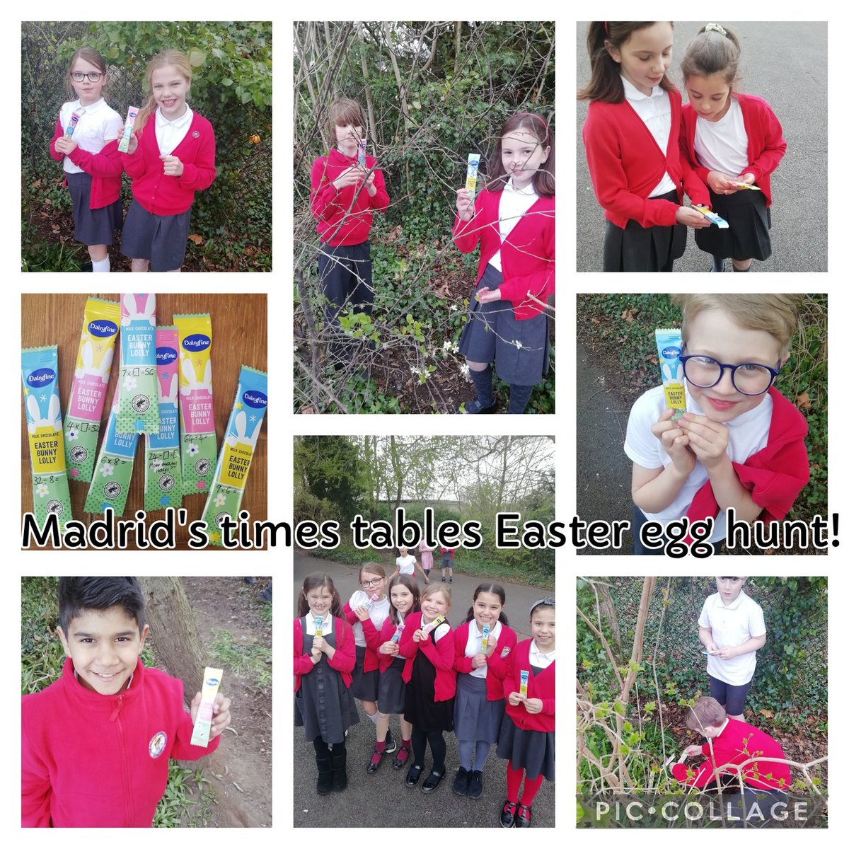 Easter egg hunt for Madrid today... but you can't eat the chocolate until you solve the multiplication problem! Always practising! <a href="/Overleighschool/">Overleigh St Mary's</a>