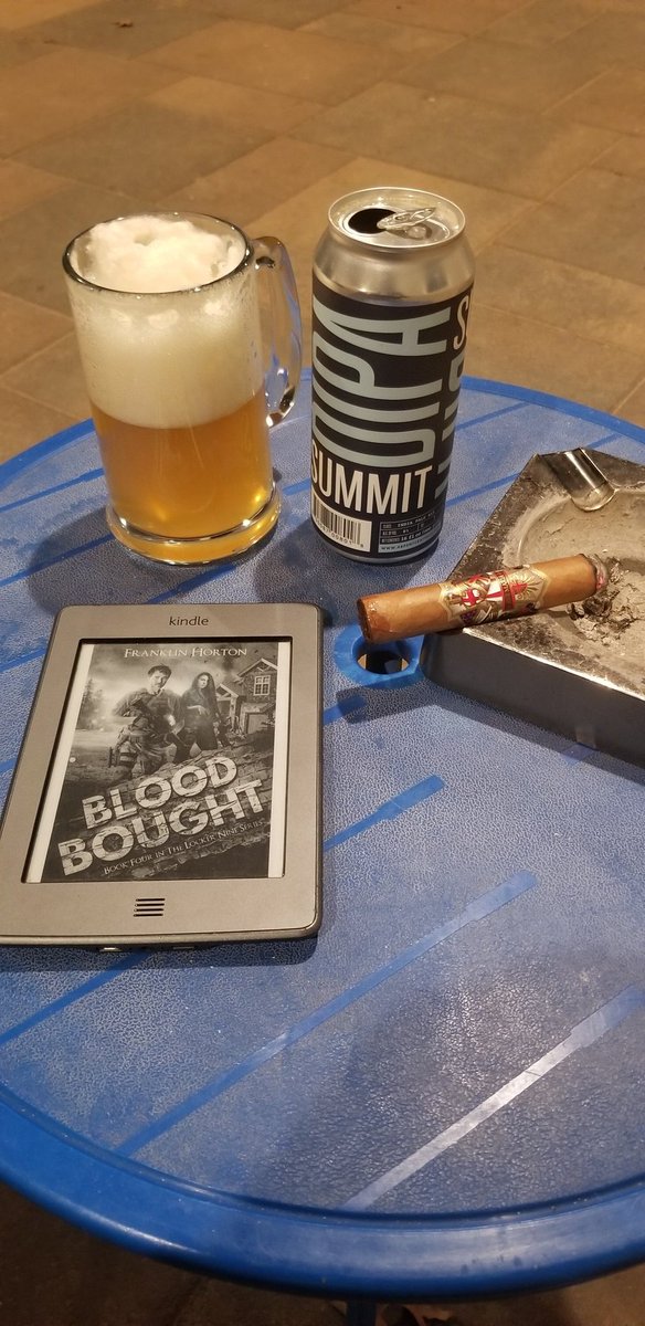 DrewT725's tweet photo. #OnTheBlueTable this evening with; Ave Maria Immaculata Robusto, @ArdentCraftAles Summit DIPA, and Blood Bought: Locker Nine book four by Franklin Horton. https://t.co/qw1sOSaWfv