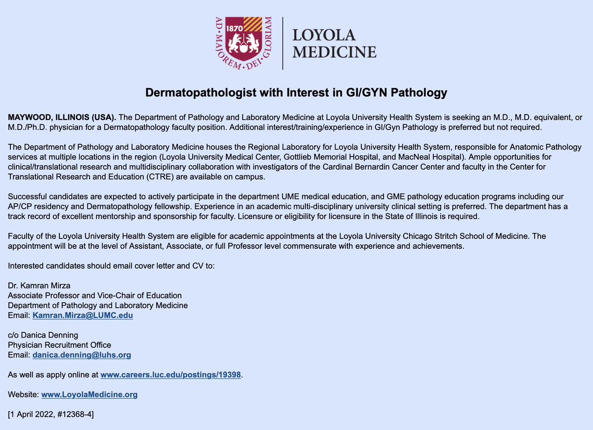 KMirza's tweet photo. .@loyolapathology is hiring! Come be part of a collegial group of #pathologists in the Chicago area https://t.co/9KXiRhuNHj

Looking for faculty with expertise in #ClinChem with #informatics, #Gynpath #GIPath and #Dermpath/#Surgpath - check out @Pathoutlines &amp; below for links! https://t.co/Ob7qYuUdpA