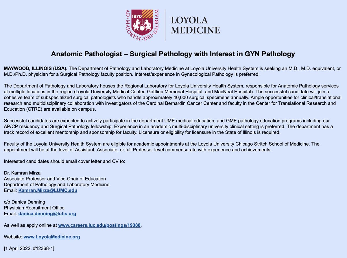 .<a href="/loyolapathology/">Loyola Pathology & Laboratory Medicine</a> is hiring! Come be part of a collegial group of #pathologists in the Chicago area loyolapathology.org

Looking for faculty with expertise in #ClinChem with #informatics, #Gynpath #GIPath and #Dermpath/#Surgpath - check out <a href="/Pathoutlines/">PathologyOutlines.com</a> &amp; below for links!