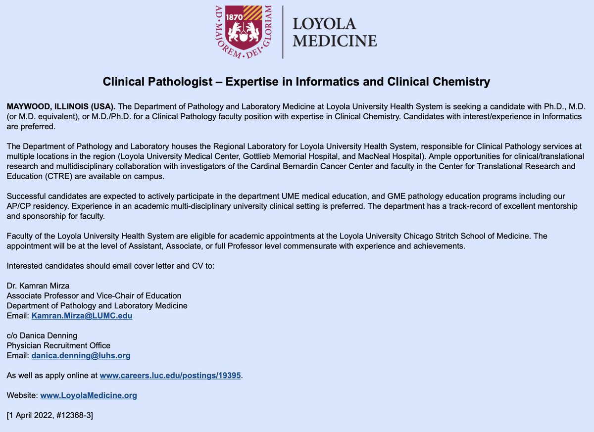 KMirza's tweet photo. .@loyolapathology is hiring! Come be part of a collegial group of #pathologists in the Chicago area https://t.co/9KXiRhuNHj

Looking for faculty with expertise in #ClinChem with #informatics, #Gynpath #GIPath and #Dermpath/#Surgpath - check out @Pathoutlines &amp; below for links! https://t.co/Ob7qYuUdpA