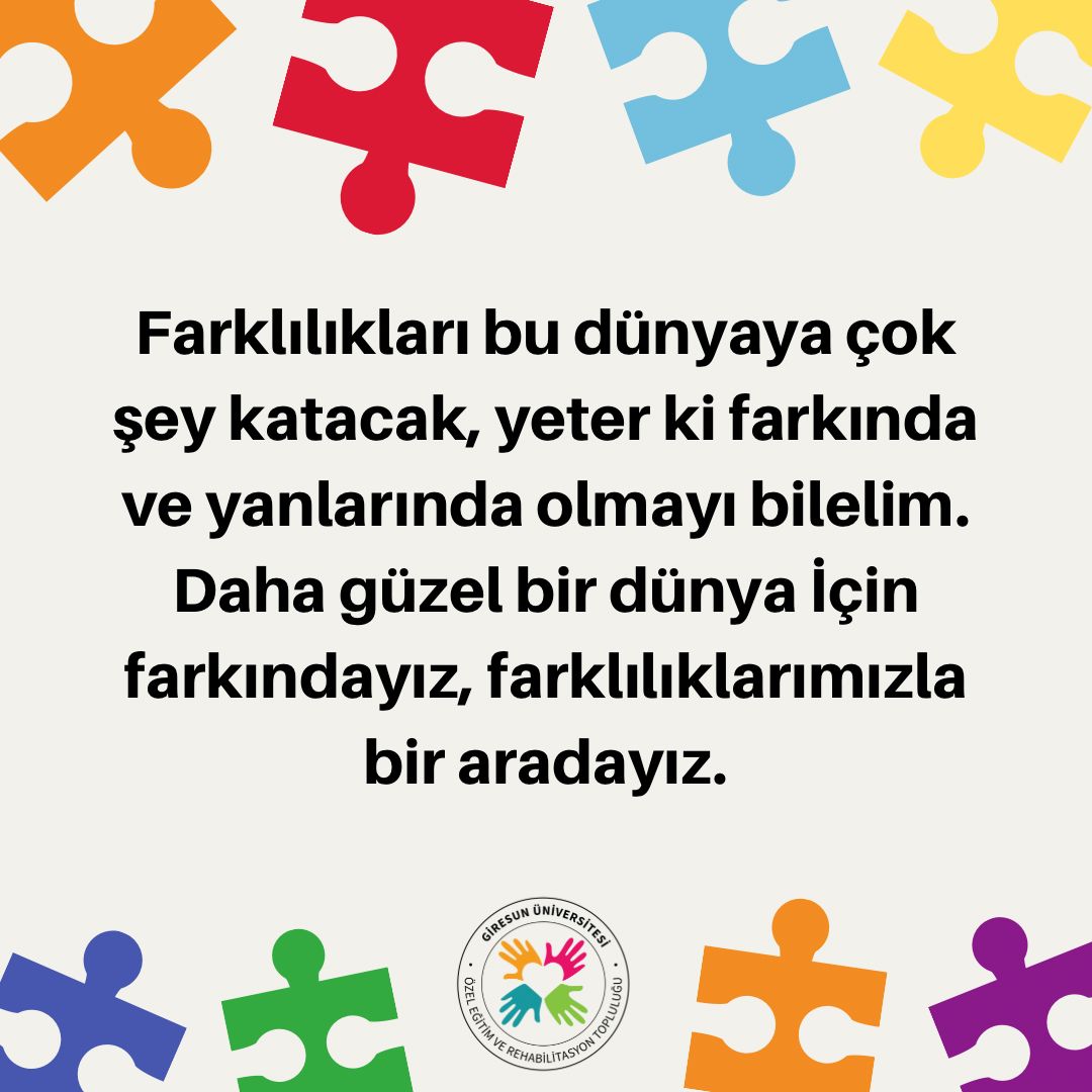 •Farklılıkları bu dünyaya çok şey katacak yeter ki farkında ve yanlarında olmayı bilelim. Daha güzel bir dünya İçin farkındayız, farklılıklarımızla bir aradayız.
#özeleğitim #giresun
#2NisanDünyaOtizmFarkındalıkGünü