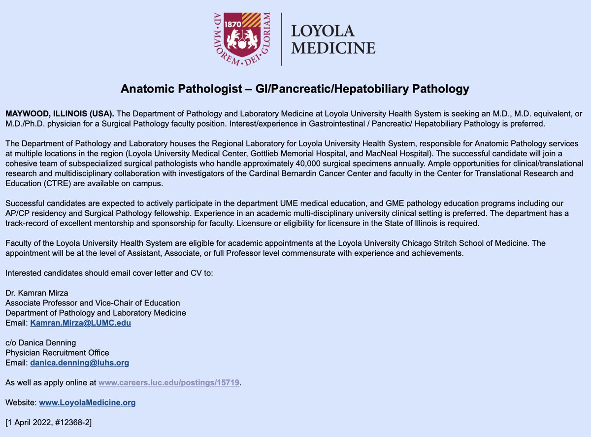 #GIPath posting careers.luc.edu/postings/15719 

cc: <a href="/HumanGut/">HumanGut</a> <a href="/ALBoothMD/">Adam L. Booth, MD</a> <a href="/DrEze_pathology/">Ogechukwu Eze, MD</a> @CArnold_GI <a href="/pezhouh/">Maryam Pezhouh, MD, MS</a> Please RT and pass on the word!