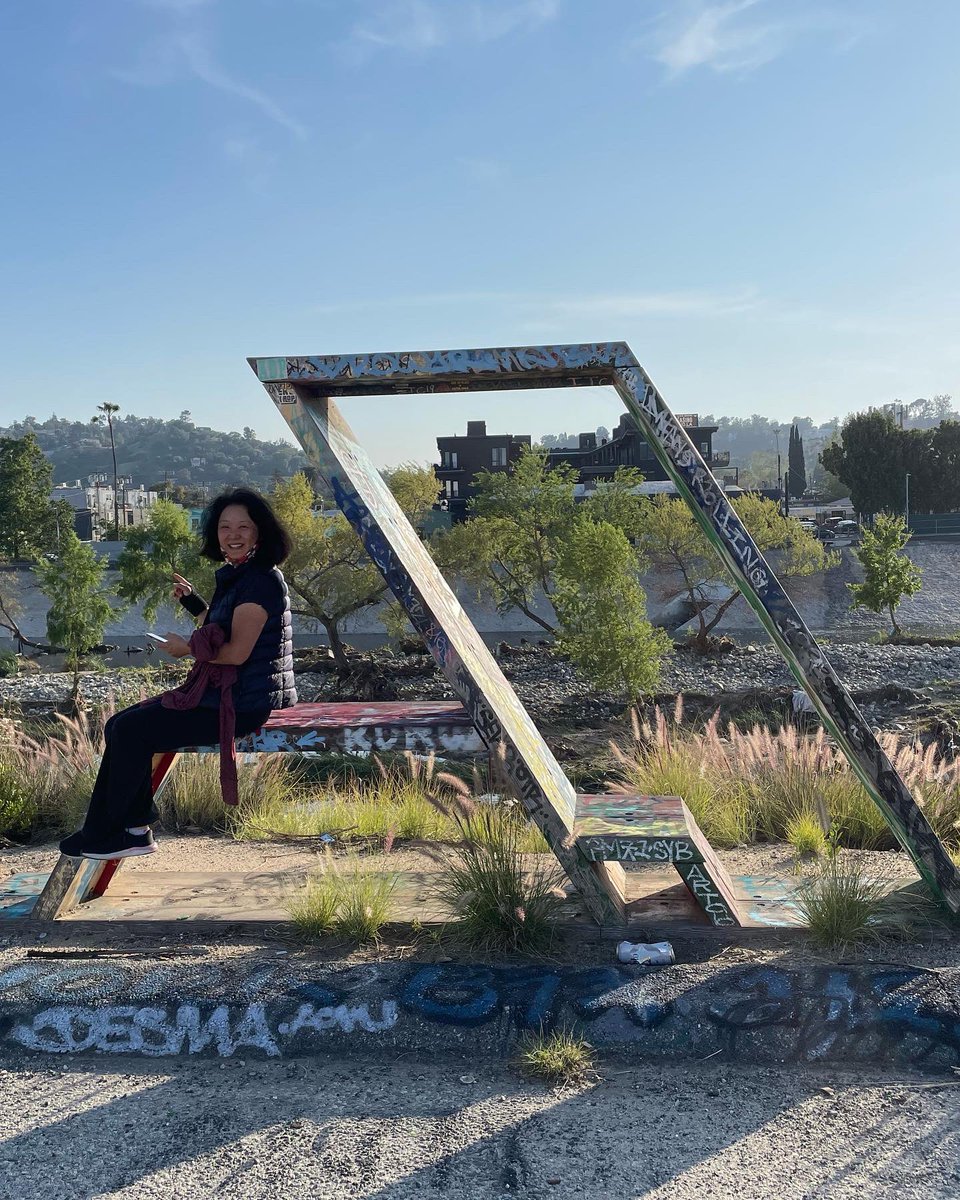 mathyawp's tweet photo. Evening stroll along the LA river. Some trapezoidal public art, and a new footbridge just opened up #foundmath https://t.co/8El4fuJBXE