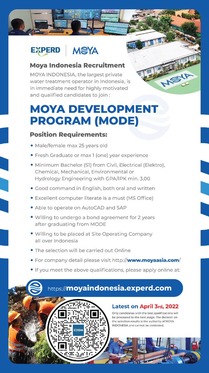 experdfresh's tweet image. Moya Indonesia – the largest private water treatment operator in Indonesia, is in immediate need of highly motivated and qualified candidates to join: MOYA DEVELOPMENT PROGRAM (MODE)

For further information please visit: 
moyaindonesia.experd.com

Latest on April 3rd, 2022