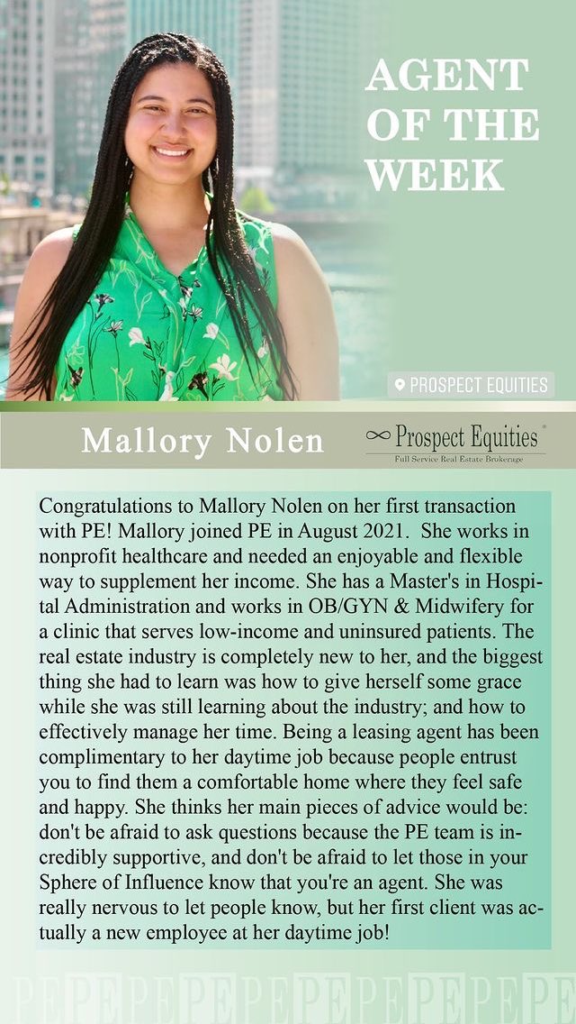 PrEq's tweet photo. Congrats to PE Agent of the Week Mallory Nolen on closing her first deal this week @PrEq #Chicago #PE #ProspectEquities #RealEstate #dedication #drive #agent #Producer https://t.co/43QJdMq6ny