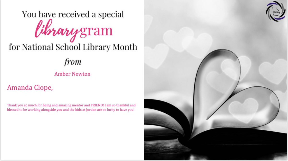 Amanda_Haley91's tweet photo. @glma I received my first librarygram today! #nationalschoollibrarymonth https://t.co/zYce0RBalh