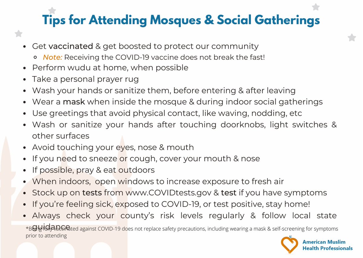 MuslimHealth's tweet photo. Wishing everyone a Blessed Ramadan!
As we move back to long awaited gatherings, check out these tips & recommendations for community members & Mosques to safely navigate this month!
#Ramadan #Ramadan2022 #WeCanDoThis #MadetoSave @Faiths4Vaccines @globalhealthc3 https://t.co/G7Oqdx76Wa